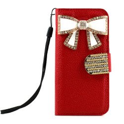 iPhone 5 5S Crystal Flip Leather Wallet Case with Stand Strap (RibbonTie Red)